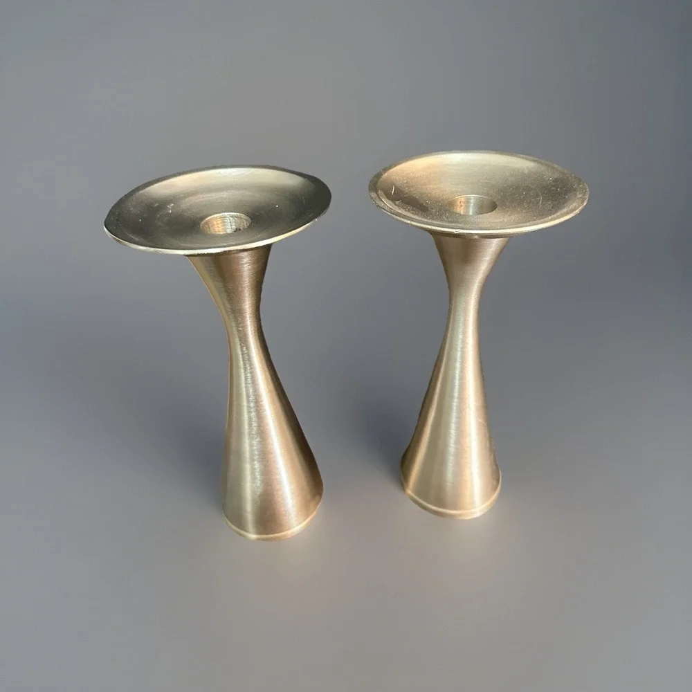 Pair Vintage MCM Candle Holders Brushed Silver‎ Matte Metal Finish 8